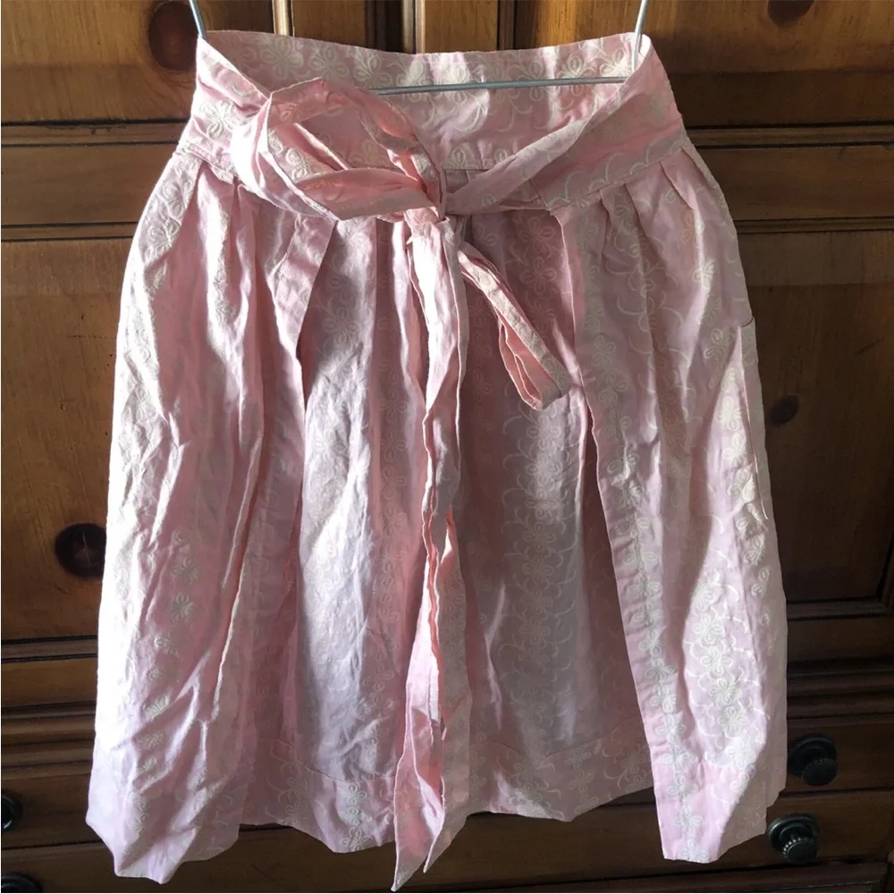 Flocked Floral Waist Apron Pink Cream Pocket Kitchen Chef Baking Vintage 50s 60s